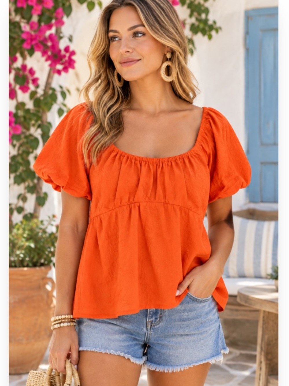Old Navy Puff Sleeve Blouse Women’s Size L Orange Short-Sleeve Peasant Top Y2K